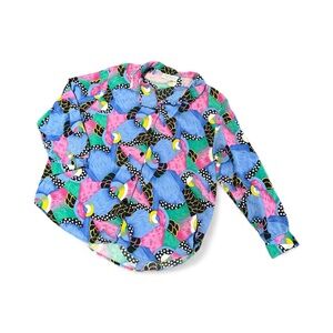 Vintage 80s Abstract Print Patterned Blouse Rayon Button Up Shirt Retro Funky